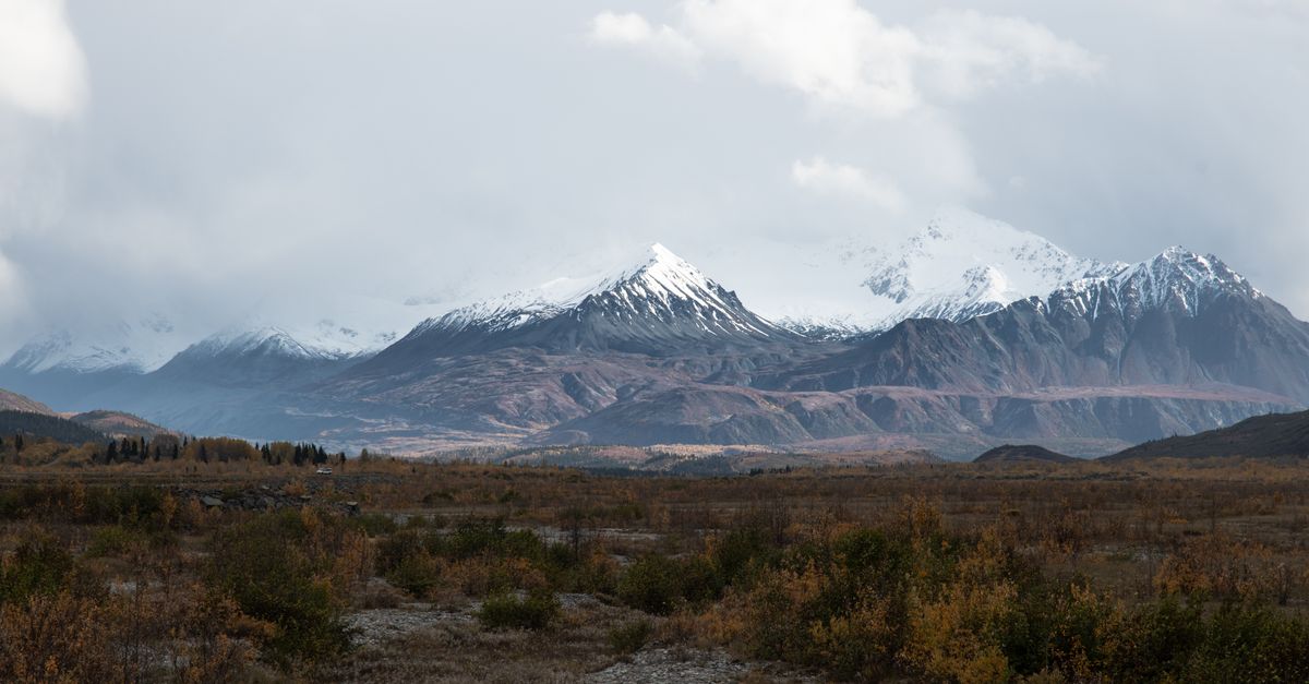 Breathtaking view of snow-covered Alaskan mountains with cloudy sky and autumn foliage in the foreground.